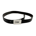 将图片加载到图库查看器，【中古】フェンディ FENDI ベルト ロゴくり抜きバックル つや消しレザー ブラック シルバー 黒 i0606aq02625

