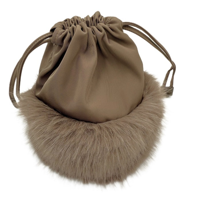 【中古】ドゥロワー Drawer ノベルティポーチ 巾着 ファー ロゴ刺しゅう 2way カーキブラウン i0811y00112