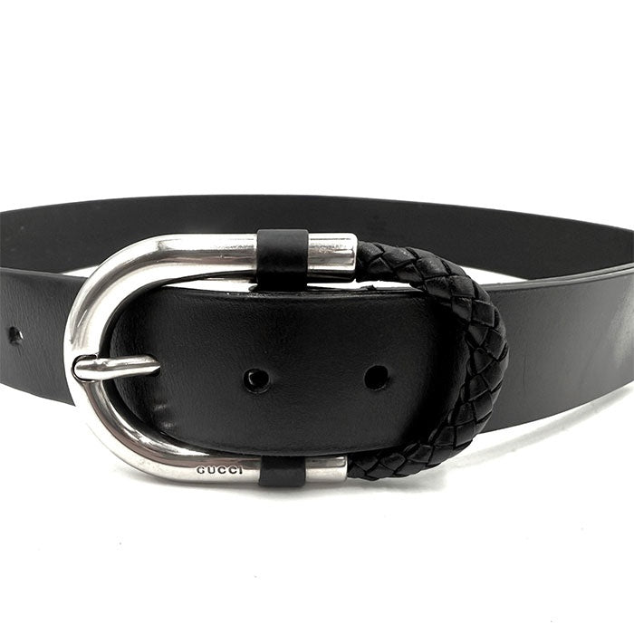 【中古】グッチ GUCCI ベルト シンプル レザー 編込み シルバーバックル ブラック 黒 i0606aq018110