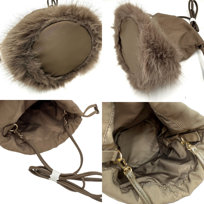 【中古】ドゥロワー Drawer ノベルティポーチ 巾着 ファー ロゴ刺しゅう 2way カーキブラウン i0811y00112