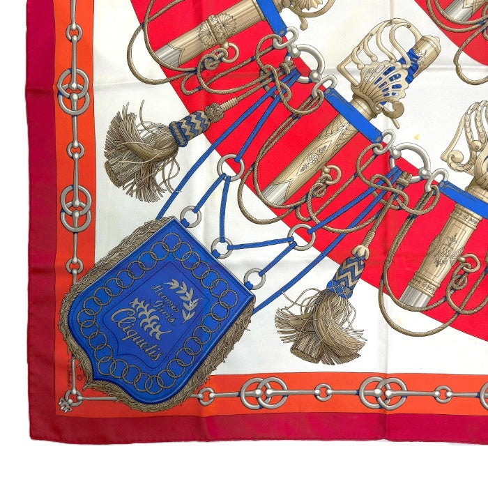 【中古】エルメス HERMES スカーフ カレ90 cliquetis 大判 シルク 柄 レッド アイボリー ブルー i0606aq021100