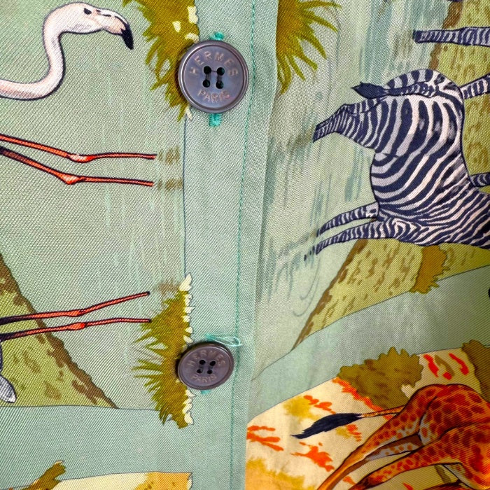 【中古】エルメス HERMES シルクブラウス 長袖 アニマル柄 動物 上質 くすみグリーン系 i0627aq012230