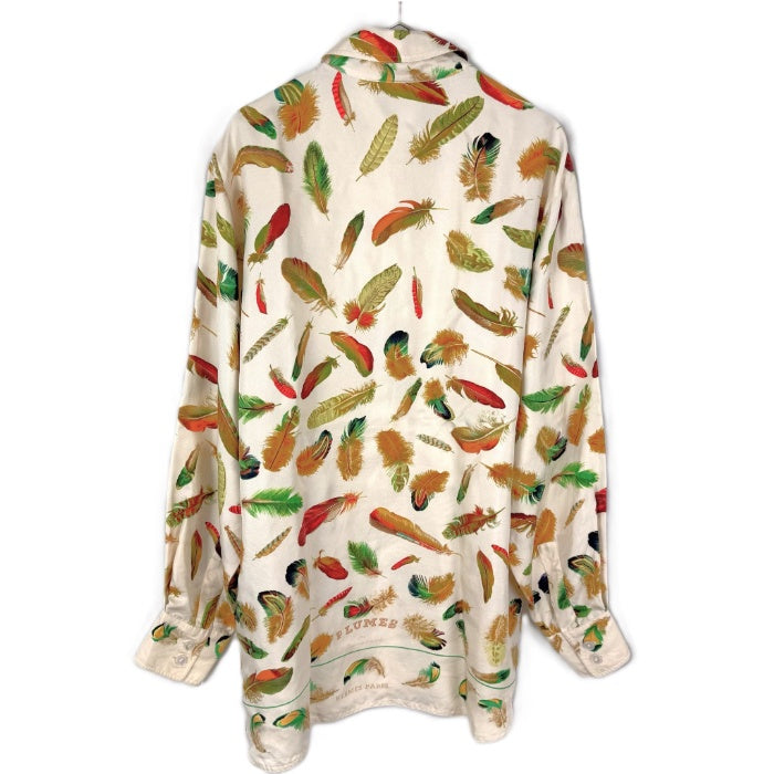 【中古】エルメス HERMES シルクブラウス PLUMES 長袖 羽 フェザー柄 上質 アイボリー ブラウン系 i0627aq011220