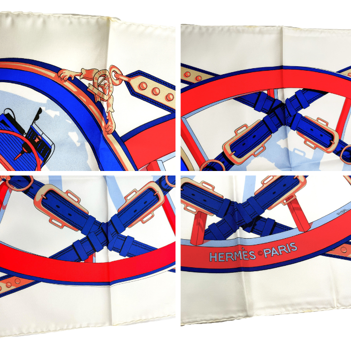 【中古】エルメス HERMES スカーフ 自由への車輪 En Route Libre ホワイト ブルー レッド i0810oq004103