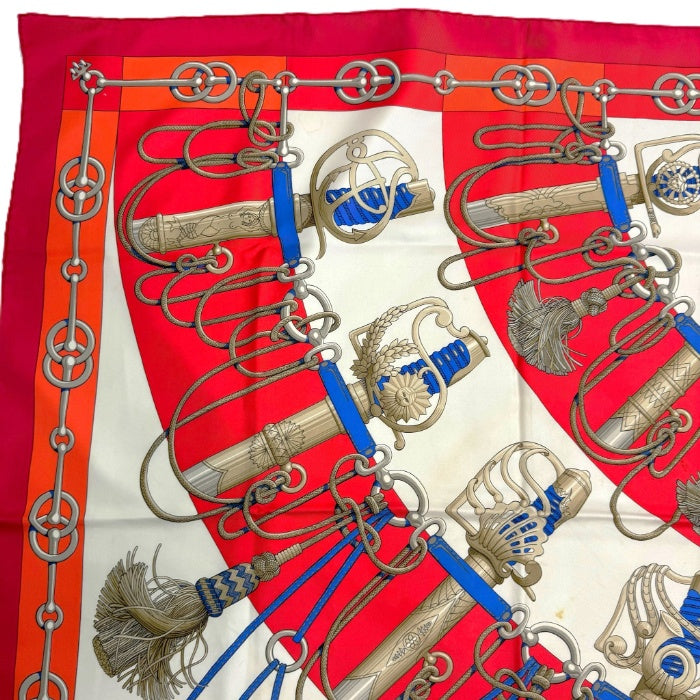 【中古】エルメス HERMES スカーフ カレ90 cliquetis 大判 シルク 柄 レッド アイボリー ブルー i0606aq021100