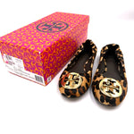 画像をギャラリービューアに読み込む, 【中古】トリーバーチ TORY BURCH フラットシューズ レオパード柄 ハラコ ロゴエンブレム ブラウン系 ゴールド h1103oq00720
