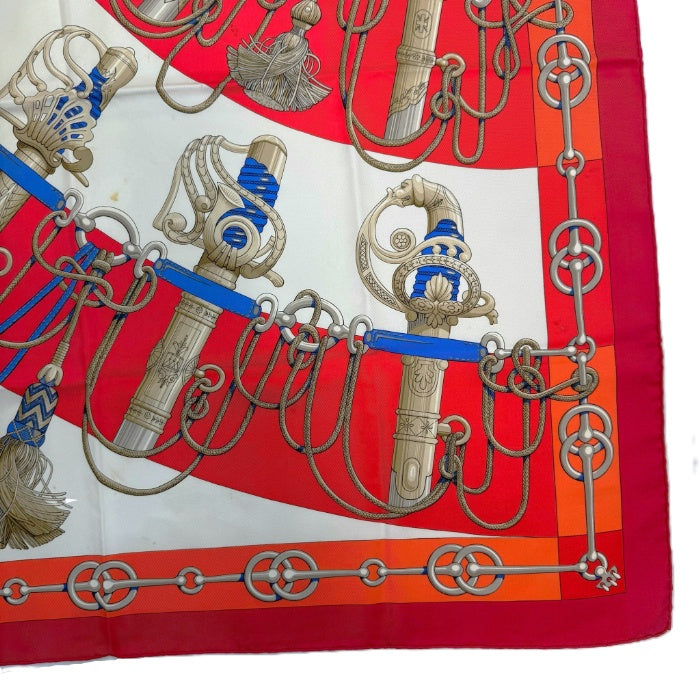 【中古】エルメス HERMES スカーフ カレ90 cliquetis 大判 シルク 柄 レッド アイボリー ブルー i0606aq021100