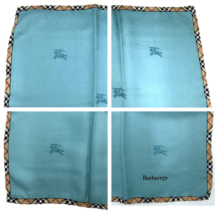 【中古】バーバリー BURBERRY スカーフ ロゴ 縁チェック おしゃれ シルク くすみブルー ベージュ i0727tq0073