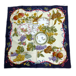 将图片加载到图库查看器，【中古】サルヴァトーレフェラガモ Salvatore Ferragamo スカーフ シルク 果物 食器柄 ネイビー アイボリー i0606aq02430
