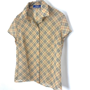 【中古】バーバリー BURBERRY シアーブラウス チェック柄 半袖 透け感 ベージュ系 h0625aq009