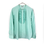 画像をギャラリービューアに読み込む, 【中古】シャルベ Charvet フロントフリルノーカラーシャツ ブラウス ピンストライプ チェック ライトブルーグリーン i0619a00452
