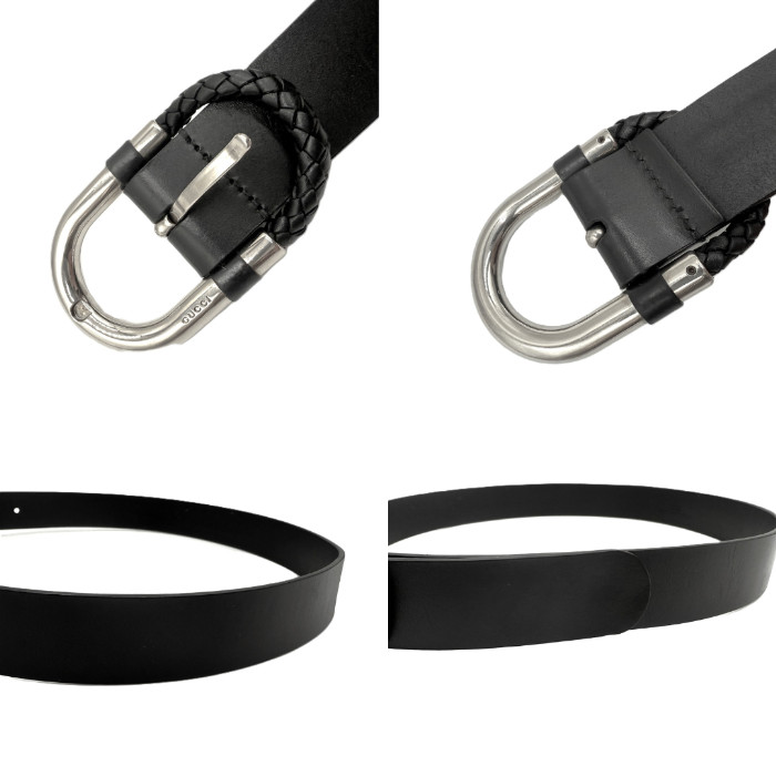 【中古】グッチ GUCCI ベルト シンプル レザー 編込み シルバーバックル ブラック 黒 i0606aq018110