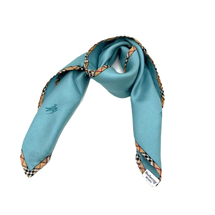 【中古】バーバリー BURBERRY スカーフ ロゴ 縁チェック おしゃれ シルク くすみブルー ベージュ i0727tq0073