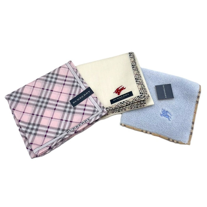 【中古】バーバリー BURBERRY ハンカチ3点セット ハンドタオル チェック 未使用品 ピンク ベージュ ライトブルー i0619wq0465