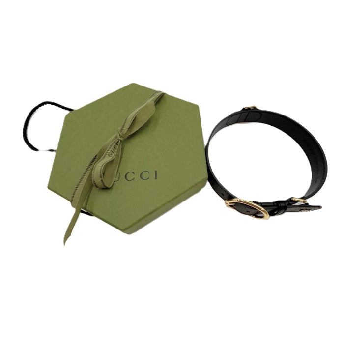 【中古】グッチ GUCCI ペット用 首輪 インターロッキングG レザー 箱付き GGロゴ ブラック ゴールド i0710lq020121