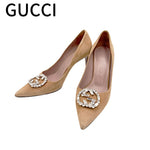 将图片加载到图库查看器，【中古】グッチ GUCCI パンプス ビジュー GGロゴ ポインテッドトゥ スエード調 ベージュ j0903dq02050
