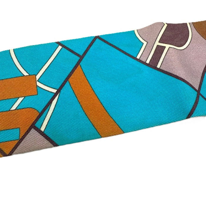 【中古】エルメス HERMES ツイリー スカーフ スリム 幾何学模様 ブルー パープル グリーン 茶 i0627aq003104