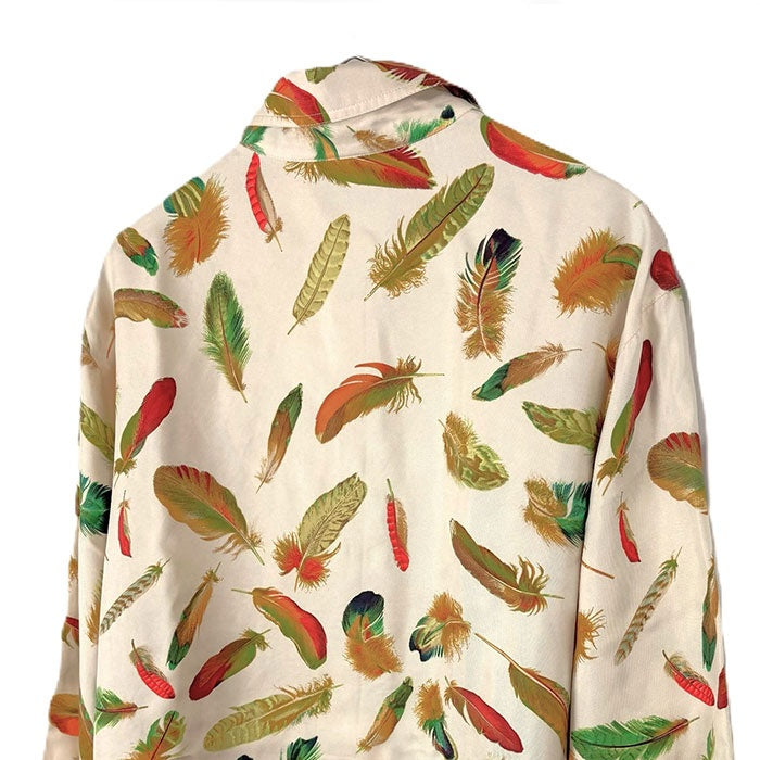 【中古】エルメス HERMES シルクブラウス PLUMES 長袖 羽 フェザー柄 上質 アイボリー ブラウン系 i0627aq011220