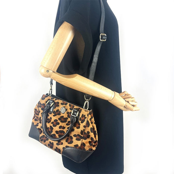 【中古】トリーバーチ TORY BURCH ハンドバッグ レオパード ショルダーストラップ付 2way ハラコ ブラウン系 ブラック h1021hq00333