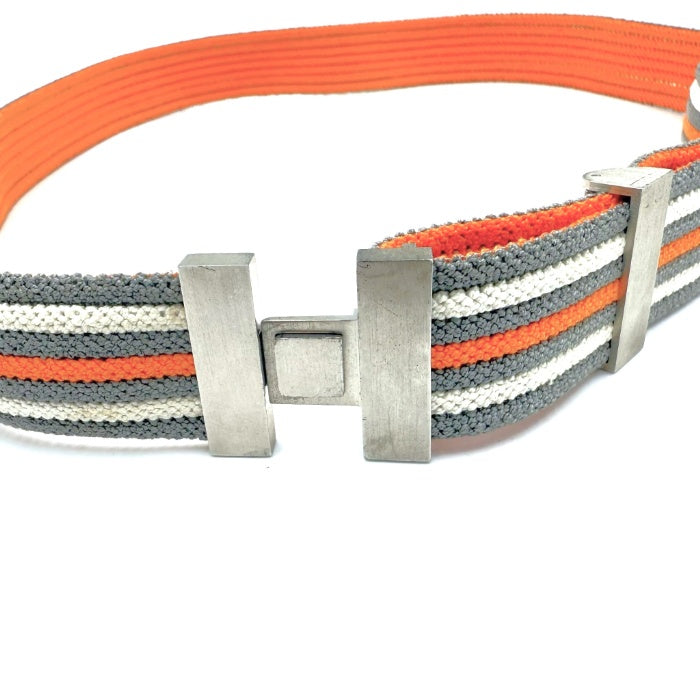 【中古】エルメス HERMES ベルト Hバックル ゴムベルト ボーダー カジュアル オレンジ グレー ホワイト i0627aq01987