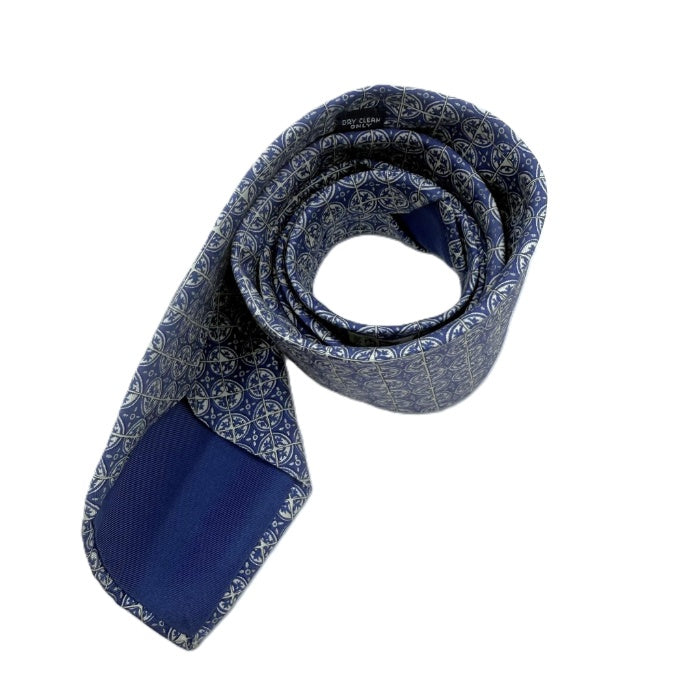 【中古】エルメス HERMES ネクタイ 柄 シルク 総柄 おしゃれ ブルー系 クリーム色 i0211tq0266