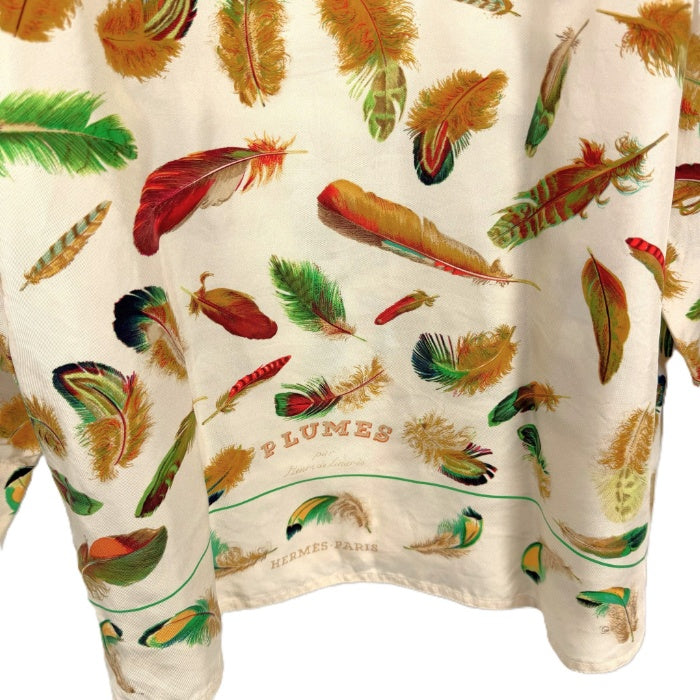 【中古】エルメス HERMES シルクブラウス PLUMES 長袖 羽 フェザー柄 上質 アイボリー ブラウン系 i0627aq011220