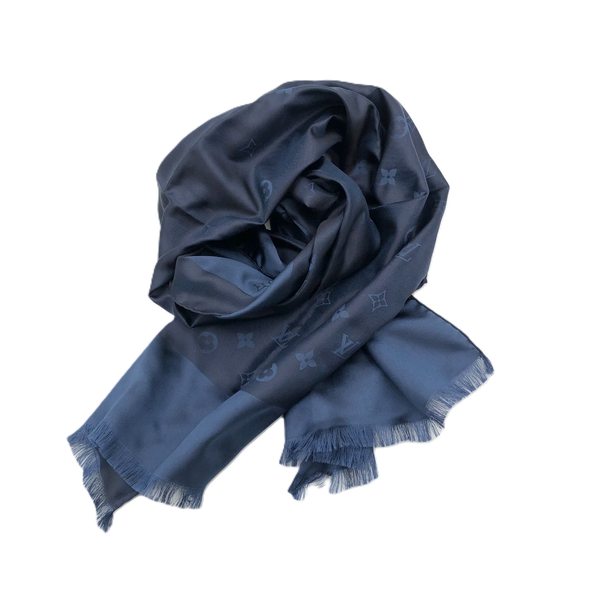 【中古】ルイヴィトン LOUIS VUITTON シルクスカーフ モノグラム 光沢 上品 ネイビー 紺 i0710lq003187