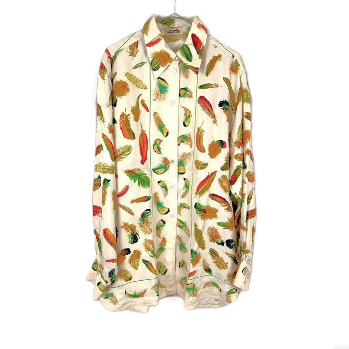 【中古】エルメス HERMES シルクブラウス PLUMES 長袖 羽 フェザー柄 上質 アイボリー ブラウン系 i0627aq011220