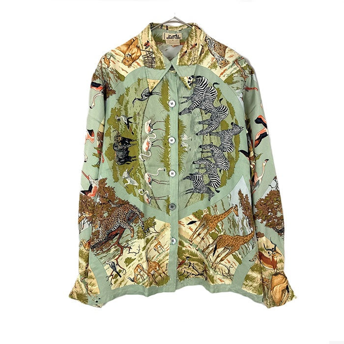 【中古】エルメス HERMES シルクブラウス 長袖 アニマル柄 動物 上質 くすみグリーン系 i0627aq012230