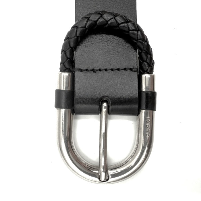 【中古】グッチ GUCCI ベルト シンプル レザー 編込み シルバーバックル ブラック 黒 i0606aq018110