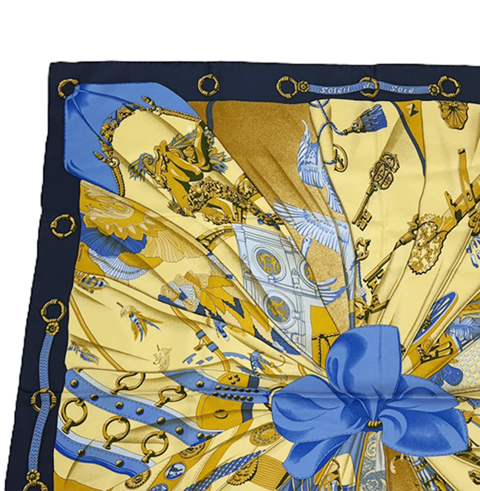 【中古】HERMES エルメス カレ90 SOLIEL DE SOIE 太陽の大帆 シルクスカーフ ネイビー×イエロー シルク 大判 スクエア 正方形 i0907oq013115