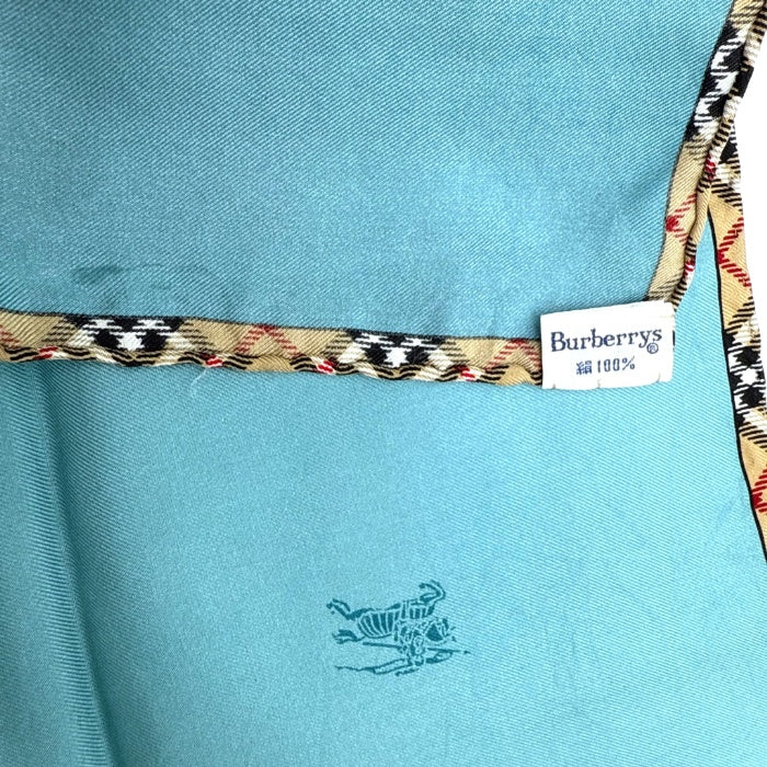 【中古】バーバリー BURBERRY スカーフ ロゴ 縁チェック おしゃれ シルク くすみブルー ベージュ i0727tq0073