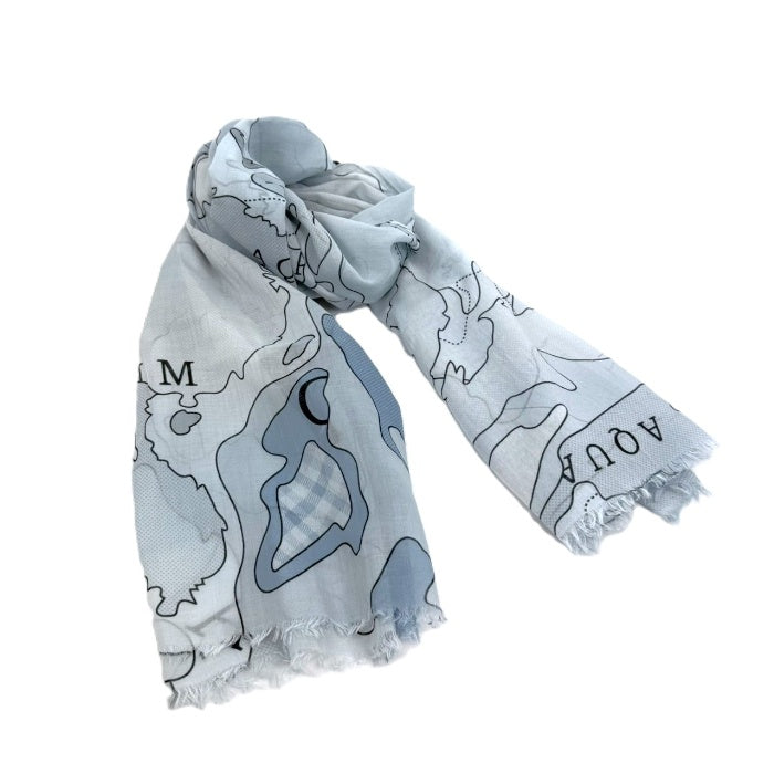 【中古】アクアスキュータム Aquascutum ストール 地図柄 コットン 透け感 薄手 ライトブルー系 i0727tq0093