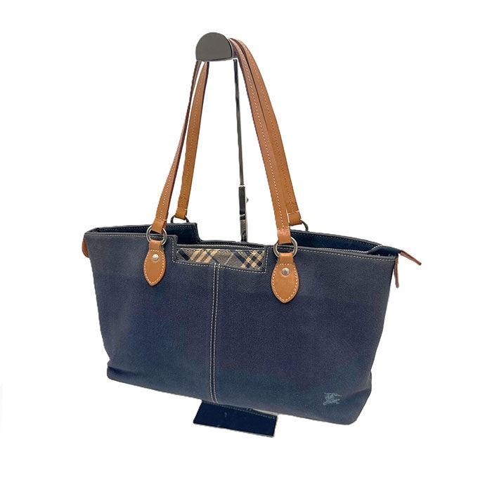 【中古】バーバリー BURBERRY トートバッグ 無地 チェック柄 キャンパス生地 インナーバッグ ネイビー ベージュ i0710lq01222