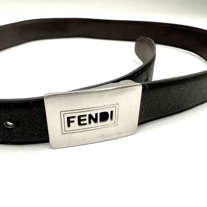 【中古】フェンディ FENDI ベルト ロゴくり抜きバックル つや消しレザー ブラック シルバー 黒 i0606aq02625