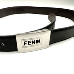 将图片加载到图库查看器，【中古】フェンディ FENDI ベルト ロゴくり抜きバックル つや消しレザー ブラック シルバー 黒 i0606aq02625
