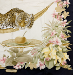 将图片加载到图库查看器，【中古】Salvatore Ferragamo サルヴァトーレフェラガモ スカーフ 大判 シルク ヒョウ柄 トロピカル ボタニカル ブラック系 i0907oq01640
