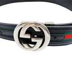 将图片加载到图库查看器，【中古】グッチ GUCCI インターロッキングG シェリーライン レザーベルト ブラック シルバー j0215pq017132
