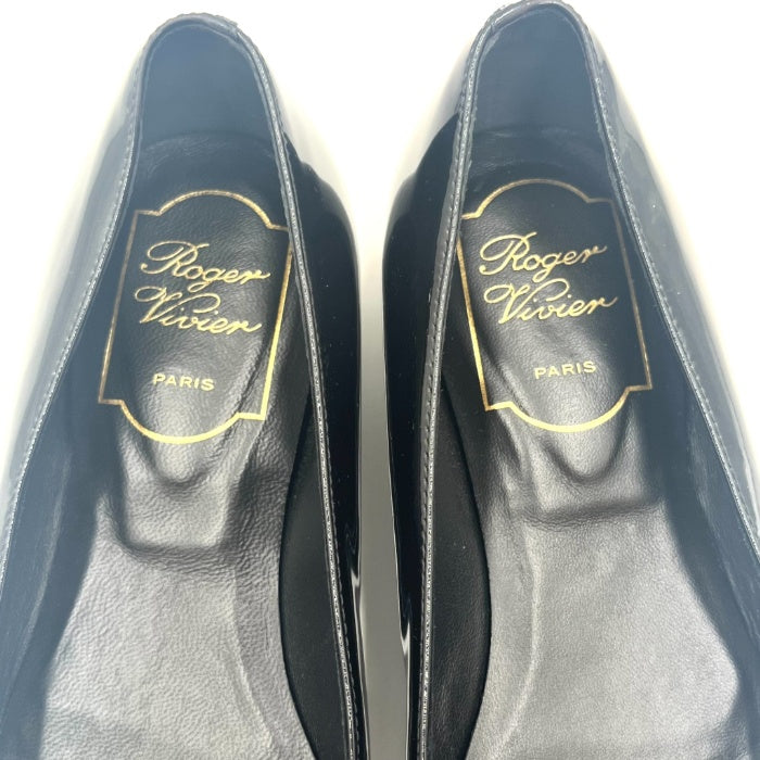 【中古】ロジェヴィヴィエ ROGER VIVIER ローヒールパンプス パテント トランペット ゴールドバックル ブラック 黒 h0723rq00523