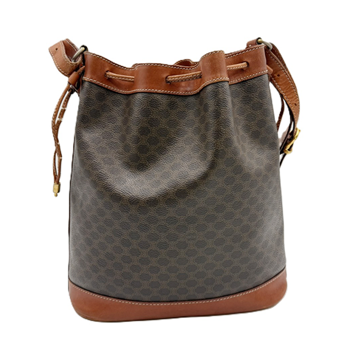 【中古】CELINE セリーヌ ショルダーバッグ 巾着バッグ マカダム柄 ブラウン系 レザー×PVC i0922lq01260