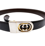 画像をギャラリービューアに読み込む, 【中古】GUCCI グッチ GGバックル ベルト ブラック レザー メンズ 黒 j0115lq00844
