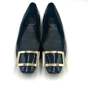 【中古】ロジェヴィヴィエ ROGER VIVIER ローヒールパンプス パテント トランペット ゴールドバックル ブラック 黒 h0723rq00523