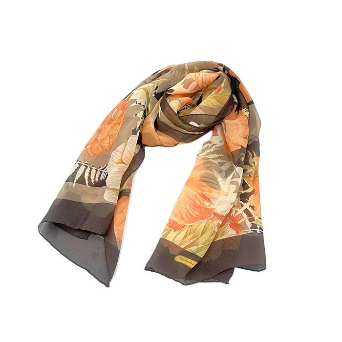【中古】サルヴァトーレフェラガモ Ferragamo スカーフ ロング 花柄 シアー 透け感 ブラウン オレンジ系 i0429wq00130