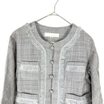 画像をギャラリービューアに読み込む, 【中古】VOUS ETES ヴゼット フリンジツイード ジャケット ノーカラー シルバー グレー フォーマル セレモニー 卒業式 入学式 i0515n0033
