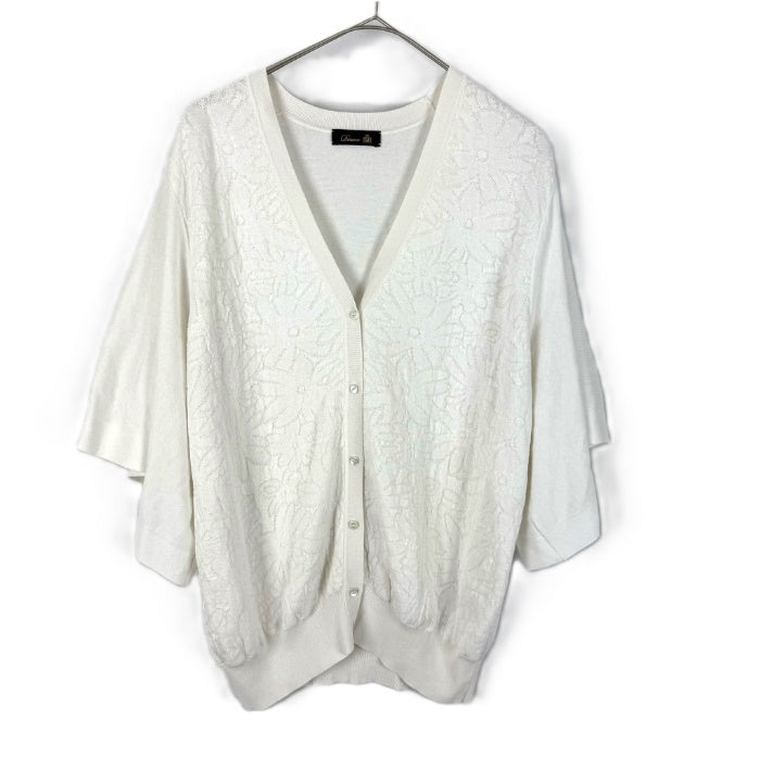 【中古】ドゥロワー Drawer 花柄 レース編み カーディガン 七分袖 レディース ホワイト系 Vネック 羽織り ニットカーデ 上品 大人カジュアル i0815u00318