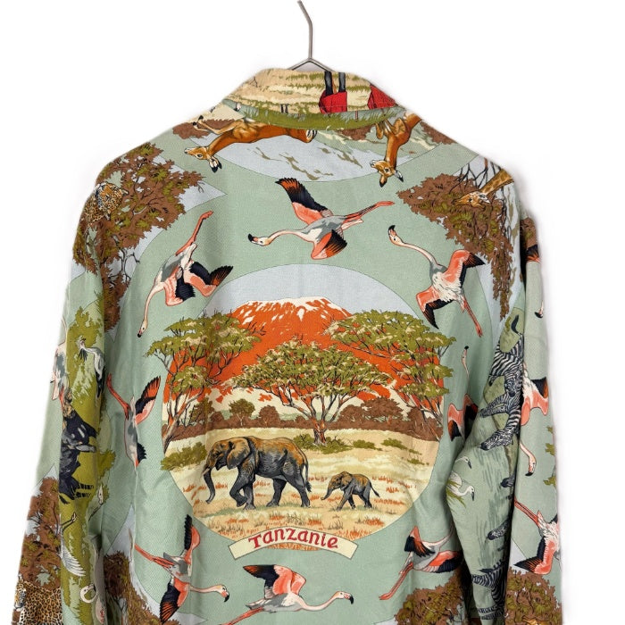 【中古】エルメス HERMES シルクブラウス 長袖 アニマル柄 動物 上質 くすみグリーン系 i0627aq012230