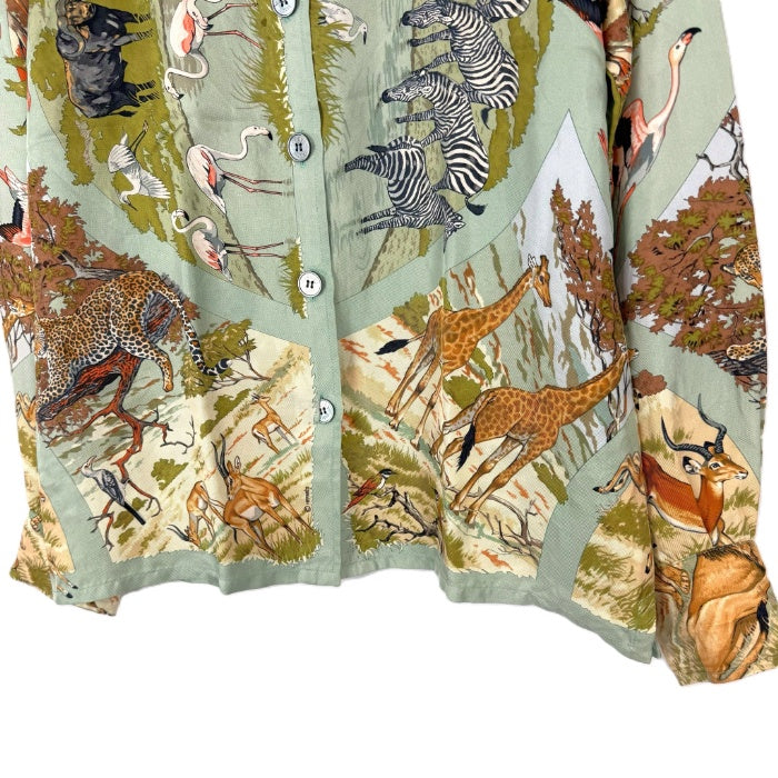 【中古】エルメス HERMES シルクブラウス 長袖 アニマル柄 動物 上質 くすみグリーン系 i0627aq012230