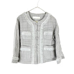 画像をギャラリービューアに読み込む, 【中古】VOUS ETES ヴゼット フリンジツイード ジャケット ノーカラー シルバー グレー フォーマル セレモニー 卒業式 入学式 i0515n0033

