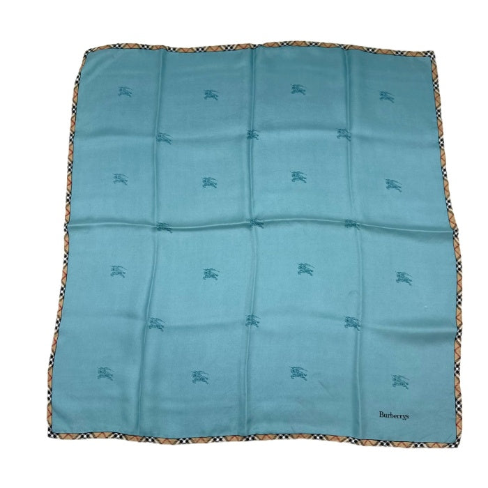 【中古】バーバリー BURBERRY スカーフ ロゴ 縁チェック おしゃれ シルク くすみブルー ベージュ i0727tq0073