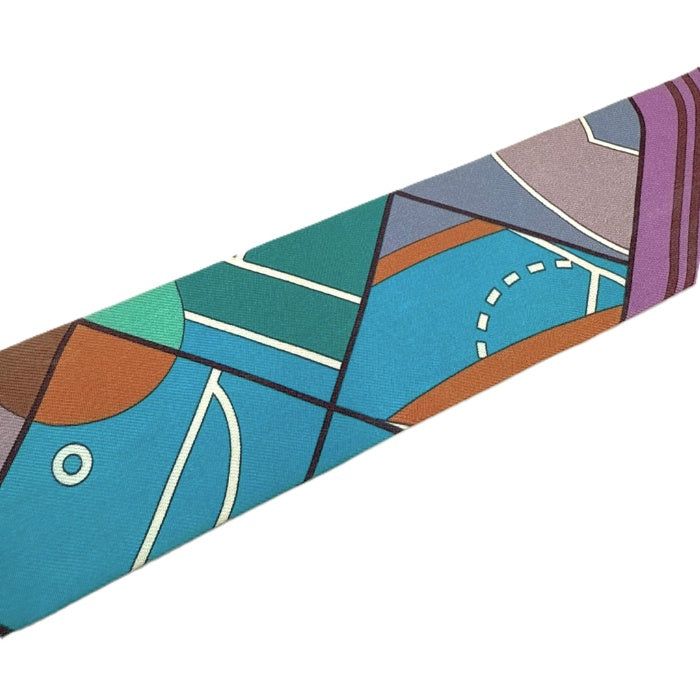 【中古】エルメス HERMES ツイリー スカーフ スリム 幾何学模様 ブルー パープル グリーン 茶 i0627aq003104